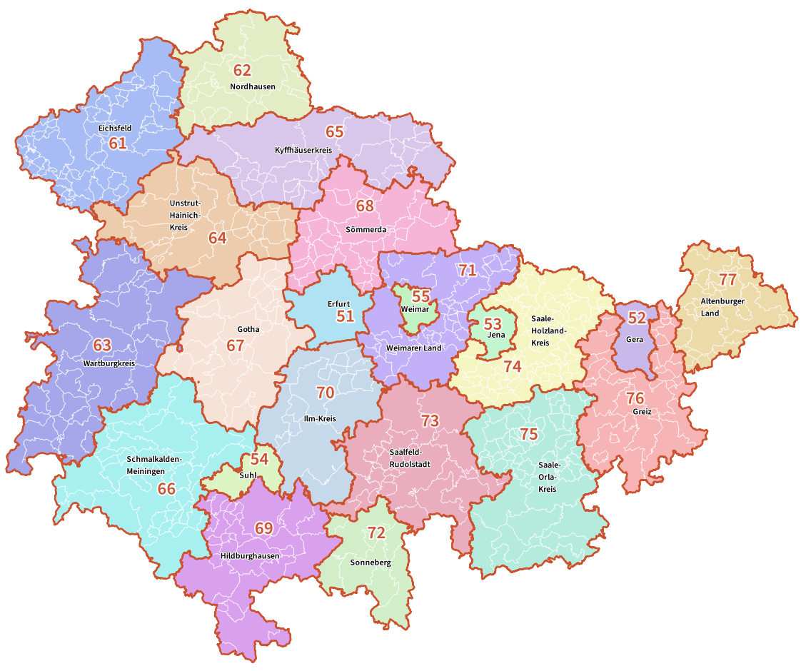 Thringenkarte mit Land- und Wahlkreisen Europawahl 2024